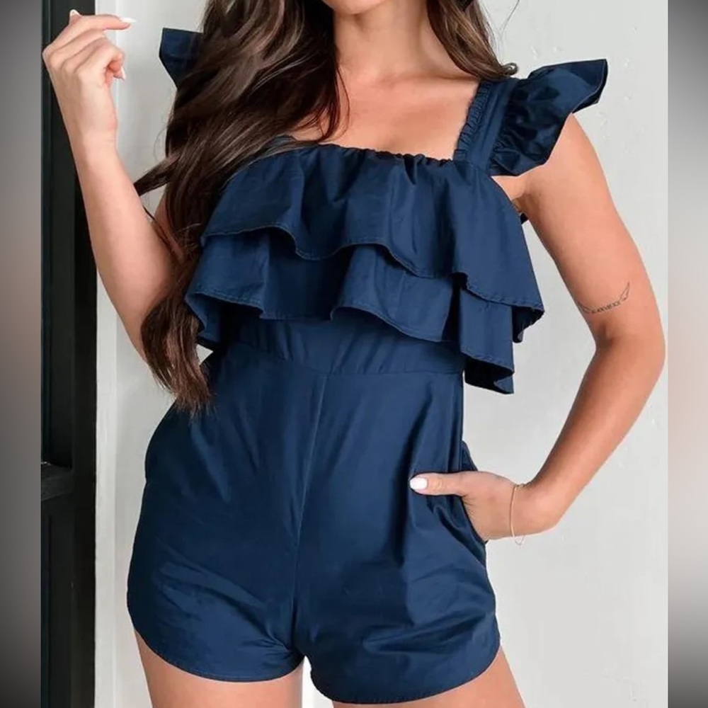 Navy Ruffle Romper - Picture 2 of 7